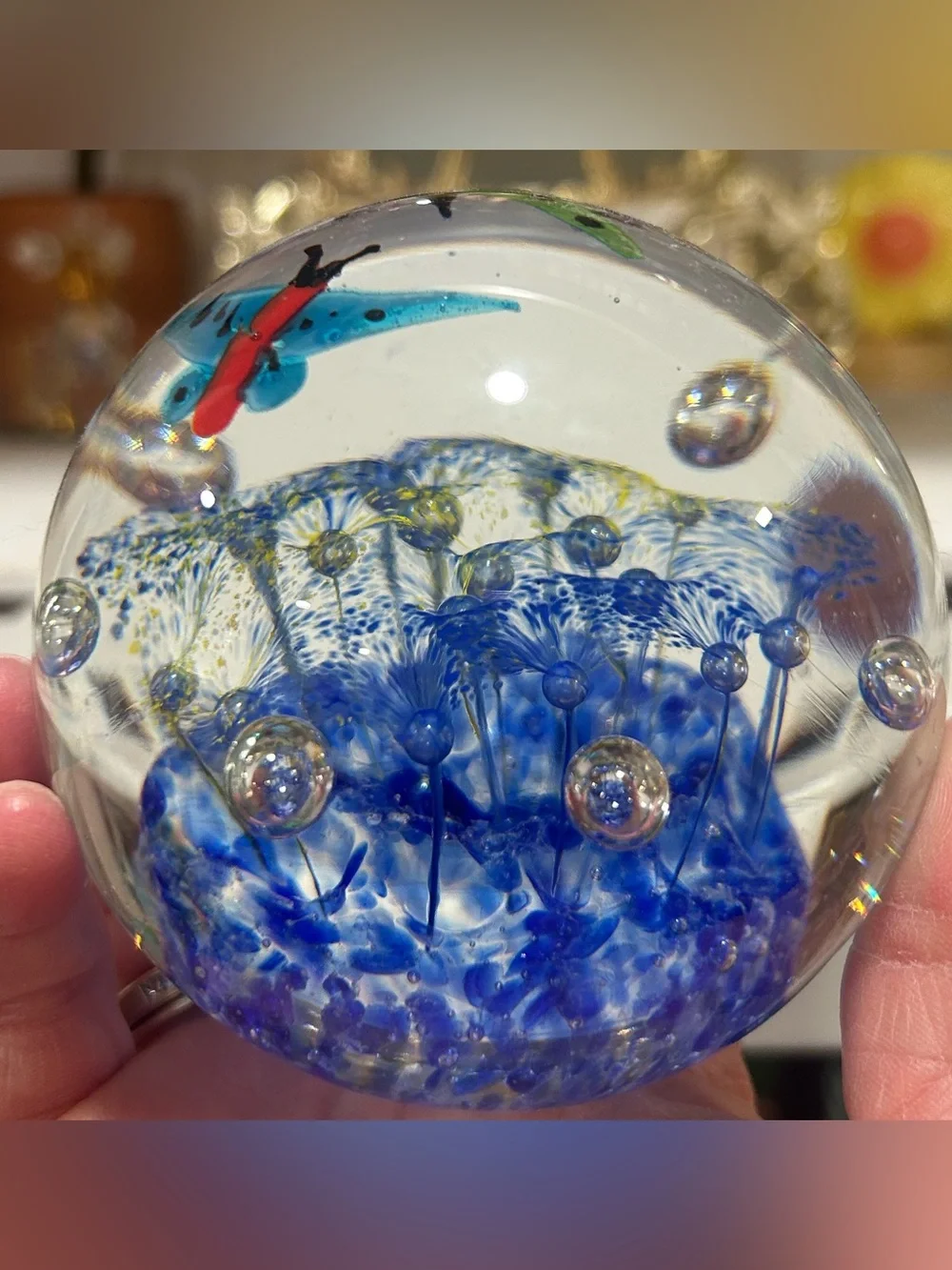 Art Glass Controlled Bubble / Butterfly & Flower paperweight. Like New